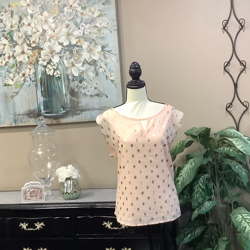 SHEIN Pale Pink Short Flutter Sleeve Blouse with Gold Dot Detail